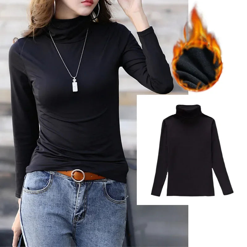 Women Thermal Underwear Winter Turtleneck Bottom Shirt Solid Semi High Collar Long Sleeve Basic T-Shirt Heating Fiber Pullovers