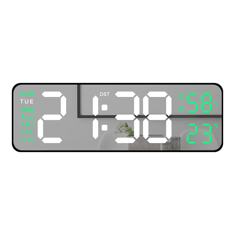 Digital LED Alarm Clock with Calendar,Temperature and Humidity. Acrylic or Mirror Surface Selectable. Desk Clock or Wall Hanging