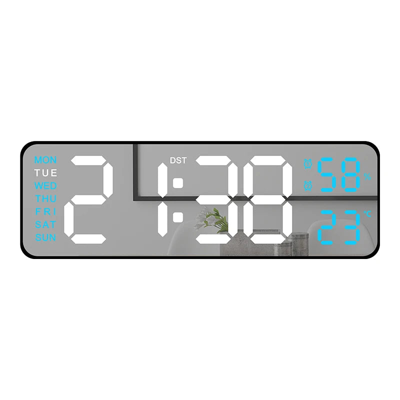 Digital LED Alarm Clock with Calendar,Temperature and Humidity. Acrylic or Mirror Surface Selectable. Desk Clock or Wall Hanging