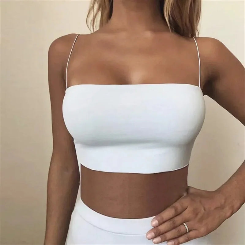 Women Crop Top Sexy Bra Seamless Tank Tops Summer Female White Strap Top Backless Camisole Solid Cropped Camis Suspender Top