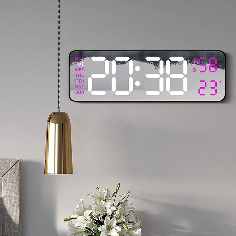 Digital LED Alarm Clock with Calendar,Temperature and Humidity. Acrylic or Mirror Surface Selectable. Desk Clock or Wall Hanging